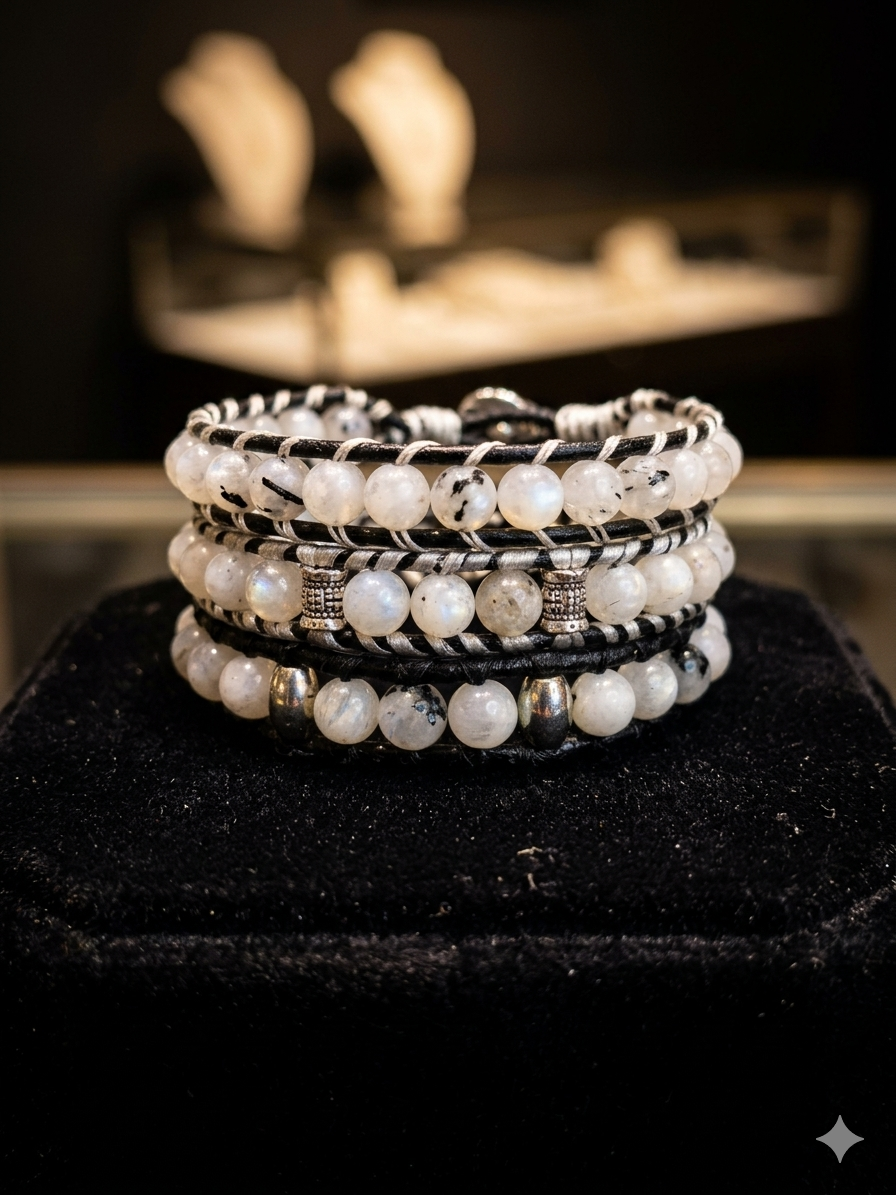 Moonstone, Black Tourmaline, and Quartz Bracelet - Balance Emotional Intuition and Grounding